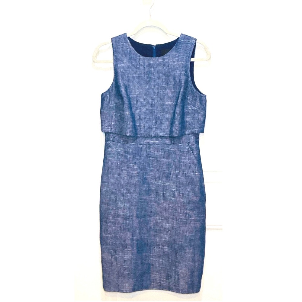 J Crew Going Places Blue Herringbone Linen Blend Shift Dress sz 4 pockets F6531